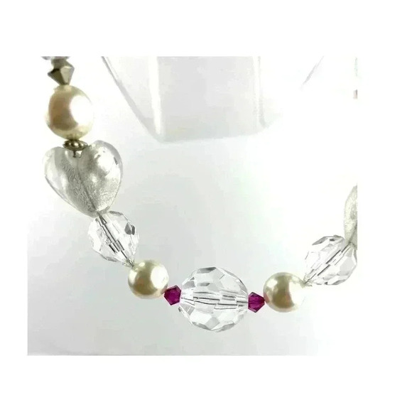 Clear Chunky Glass Heart Plastic Beaded Necklace Wired Faux Pearl 18" long - Picture 10 of 11